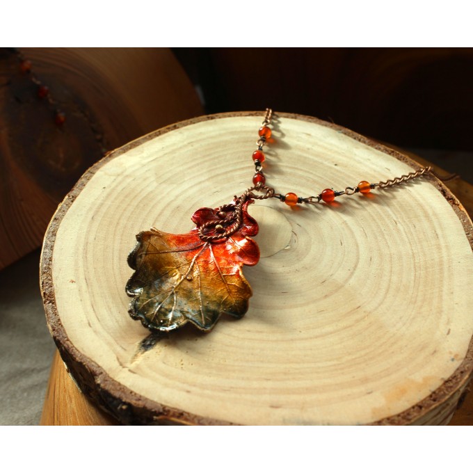 Copper oak necklace with carnelian jasper gemstone