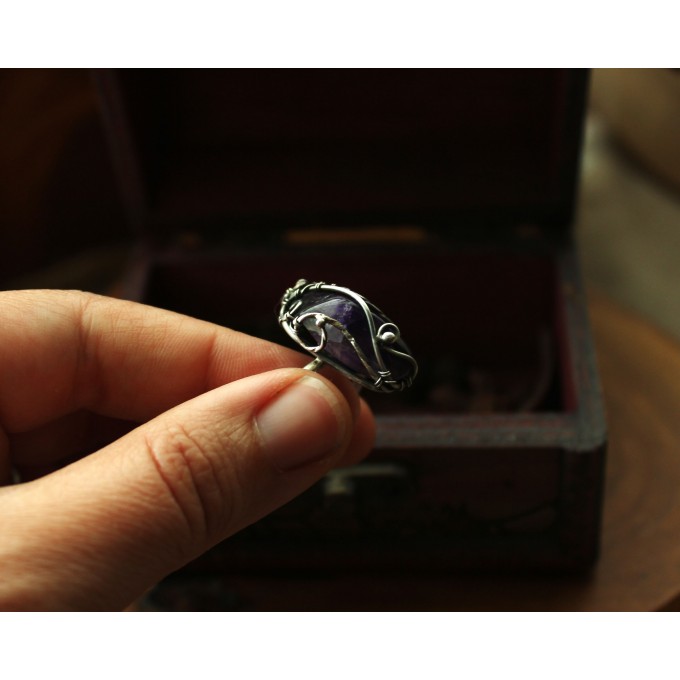 Silver wire wrap ring with amethyst