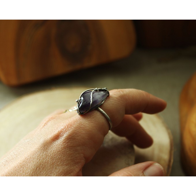 Silver wire wrap ring with amethyst
