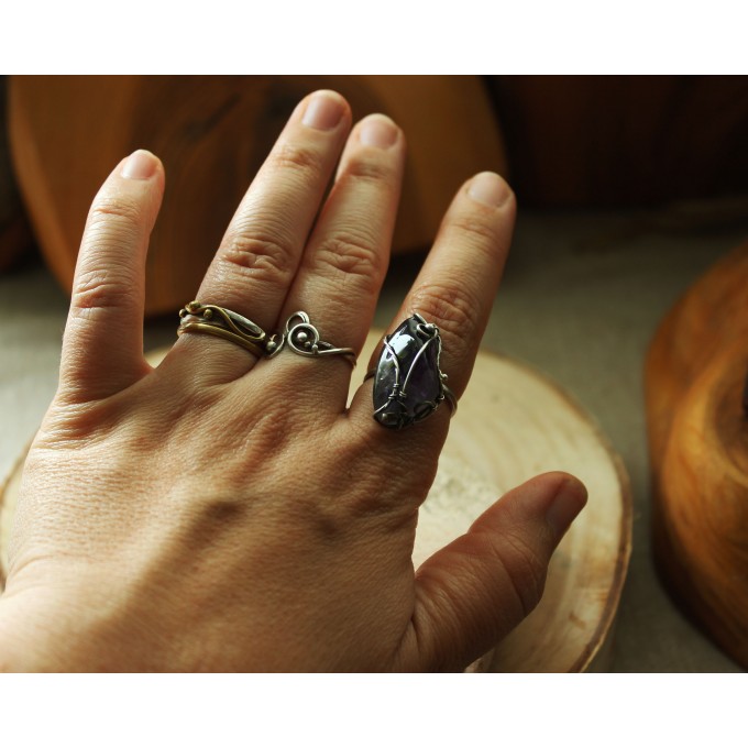 Silver wire wrap ring with amethyst