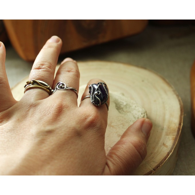 Silver wire wrap ring with amethyst