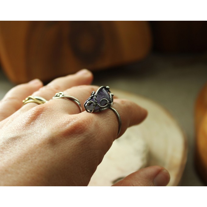 Silver wire wrap ring with amethyst