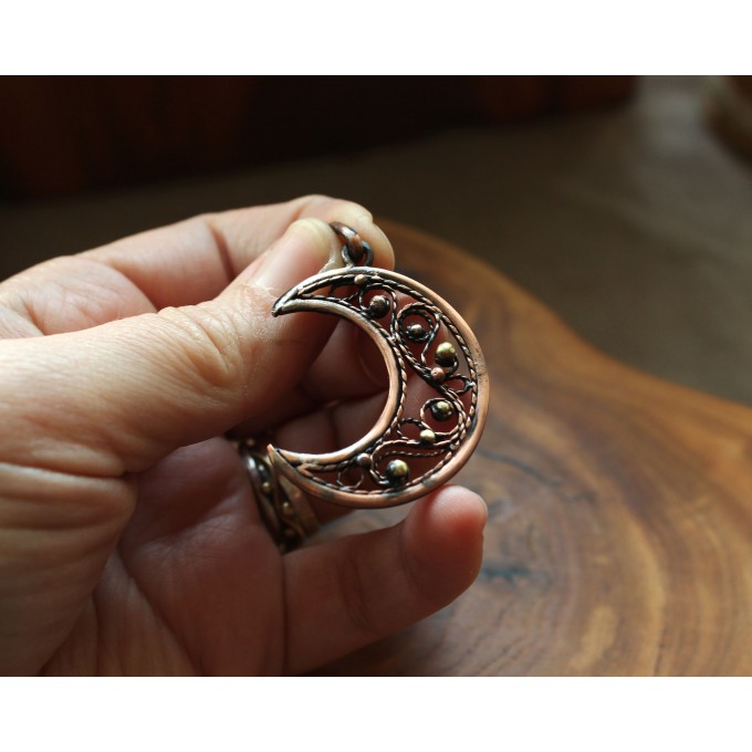 Copper filigree moon necklace