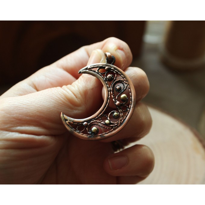 Copper filigree moon necklace