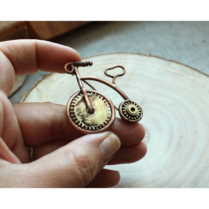 Steampunk copper-brass bicycle brooch
