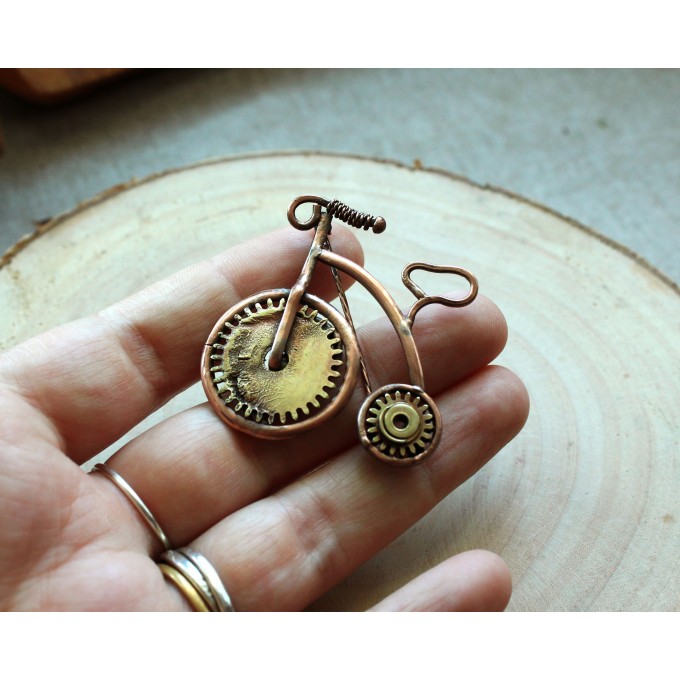 Steampunk copper-brass bicycle brooch