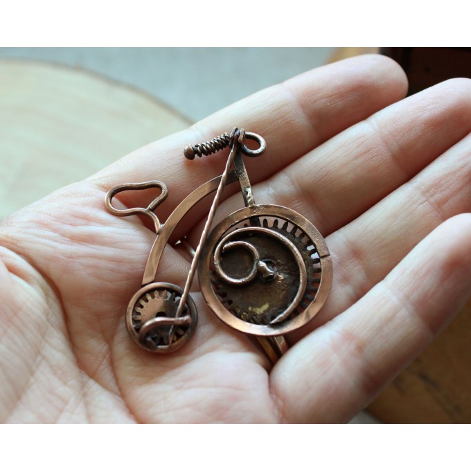 Steampunk copper-brass bicycle brooch