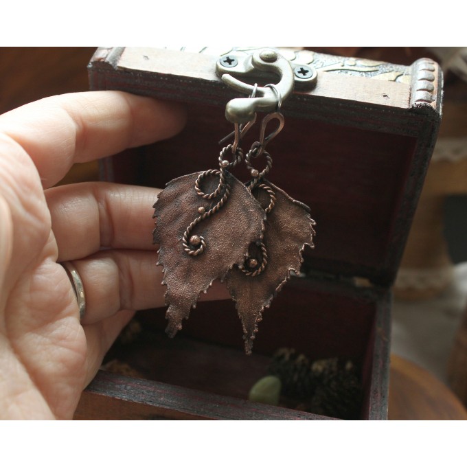 Copper birch leaf earrings