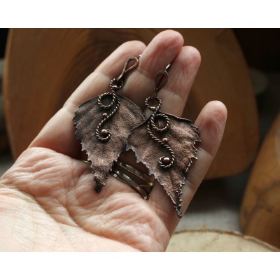 Copper birch leaf earrings