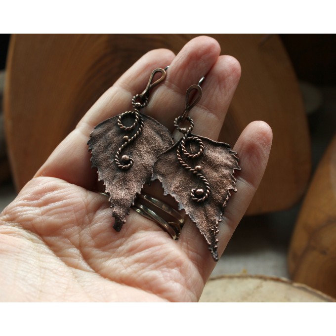 Copper birch leaf earrings