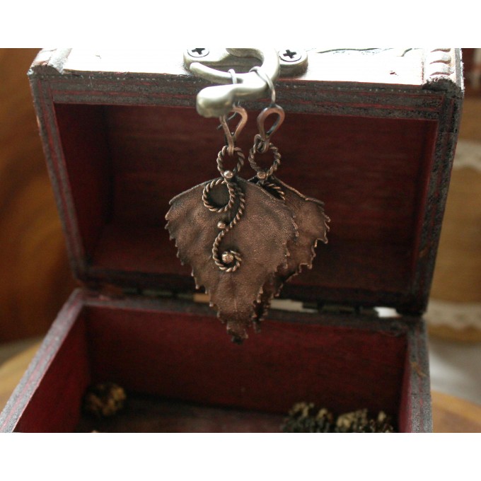 Copper birch leaf earrings
