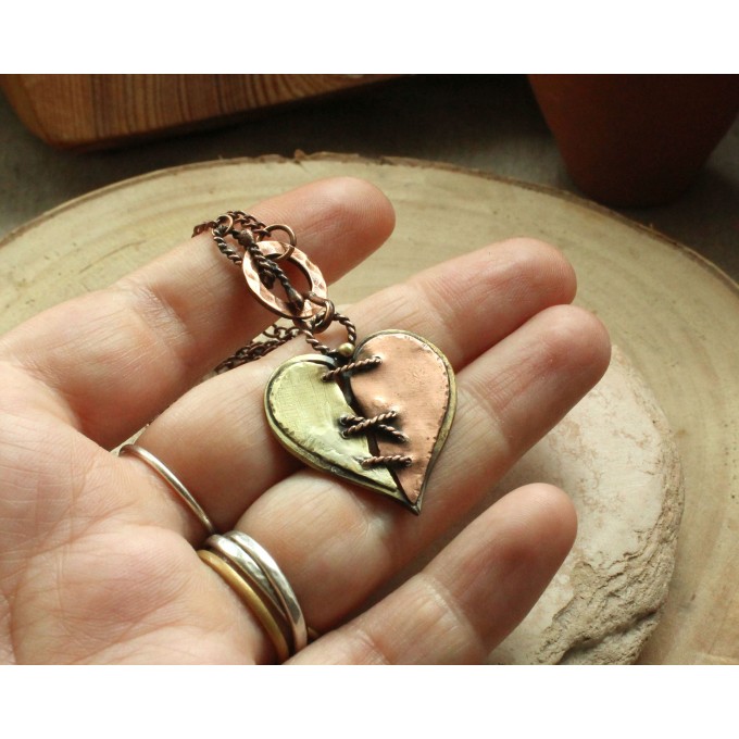 Copper and brass heart necklace