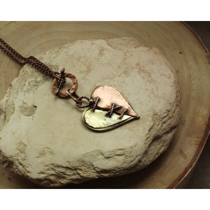 Copper and brass heart necklace