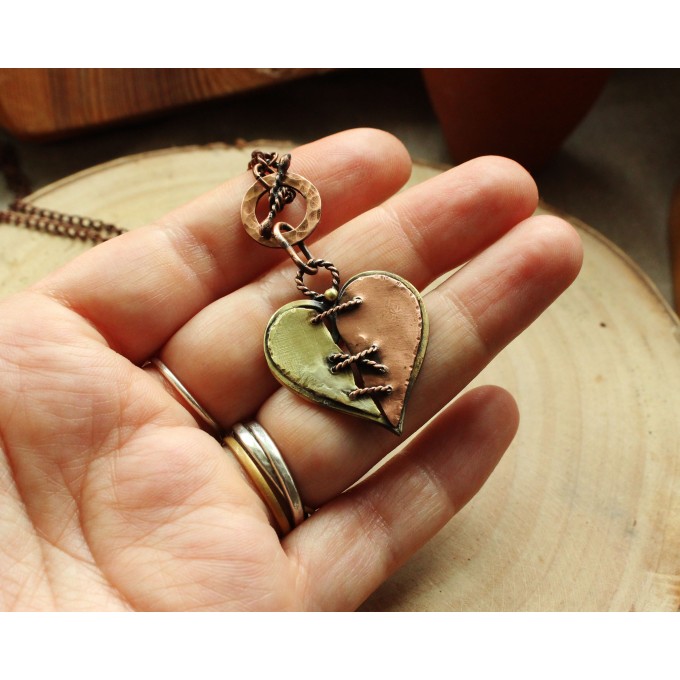 Copper and brass heart necklace
