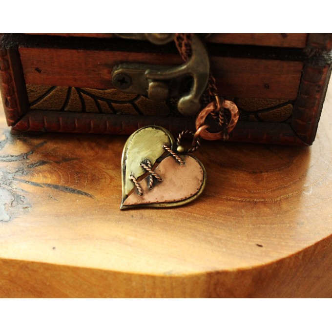 Copper and brass heart necklace