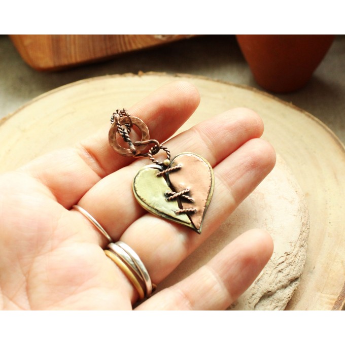 Copper and brass heart necklace