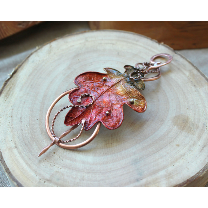 Copper hair clip with red - green oak leaf