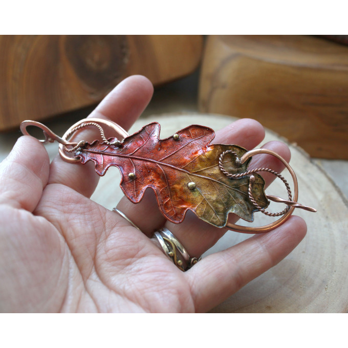 Copper hair clip with red - green oak leaf