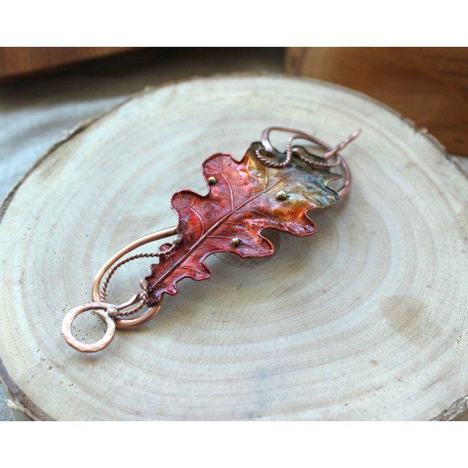 Copper hair clip with red - green oak leaf