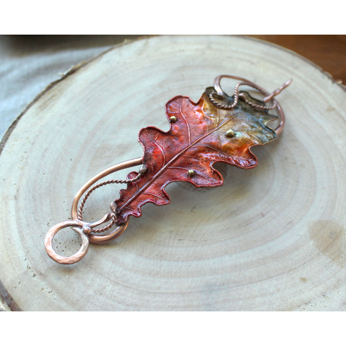 Copper hair clip with red - green oak leaf