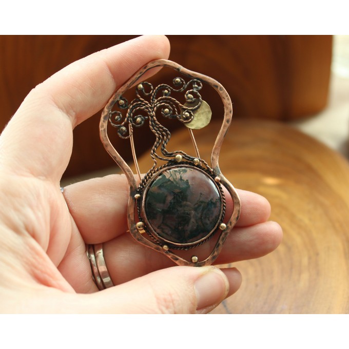 Copper filigree tree brooch with moss agate