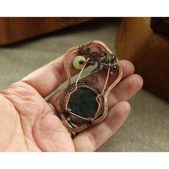Copper filigree tree brooch with moss agate