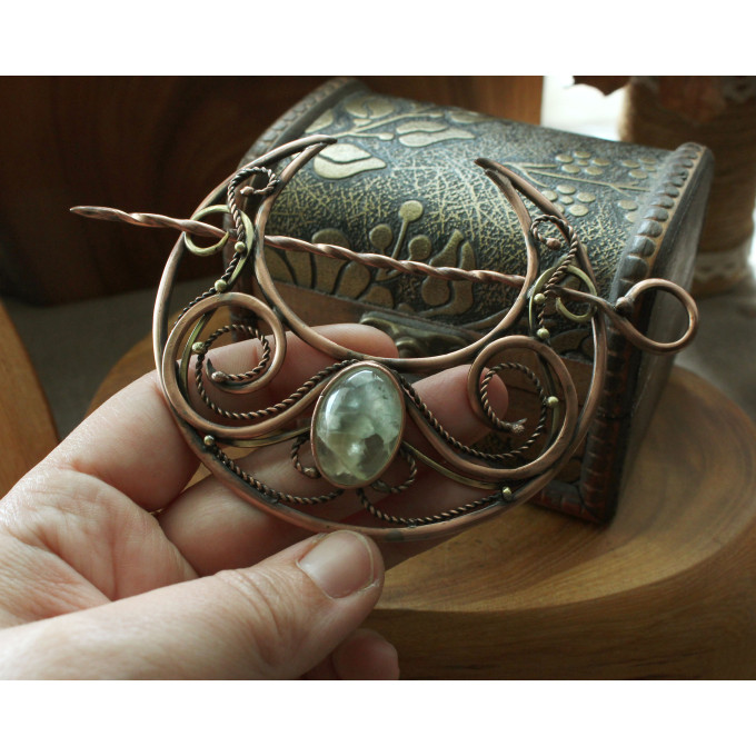 Hair clip Moon with phrenit in wire wrap technic
