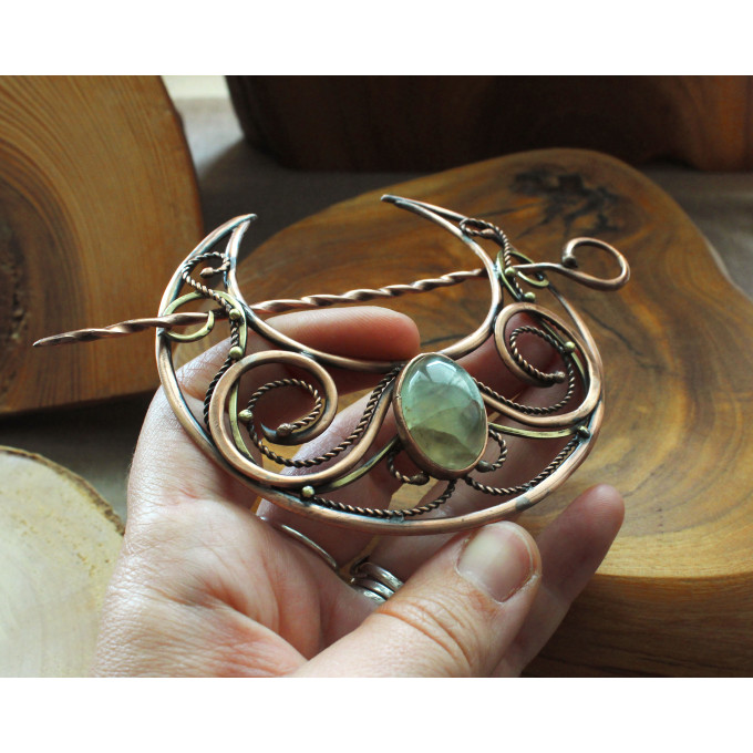 Hair clip Moon with phrenit in wire wrap technic