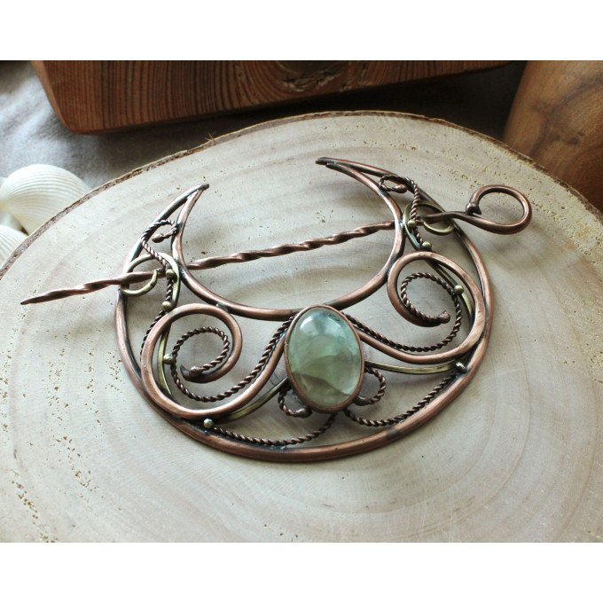 Hair clip Moon with phrenit in wire wrap technic