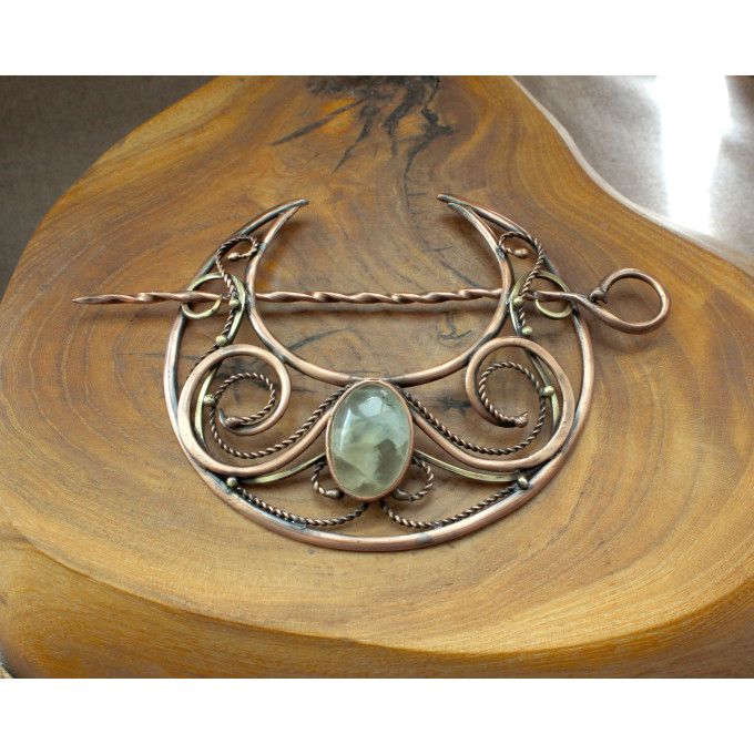 Hair clip Moon with phrenit in wire wrap technic