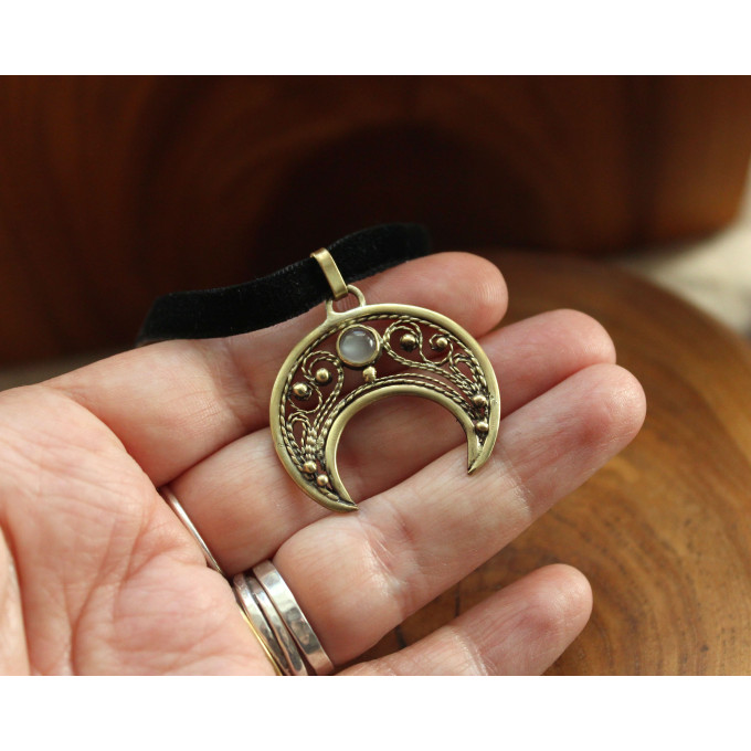 Lunar brass pendant with grey moonstone