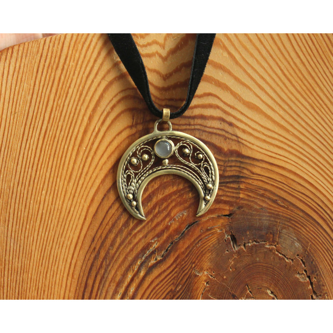 Lunar brass pendant with grey moonstone