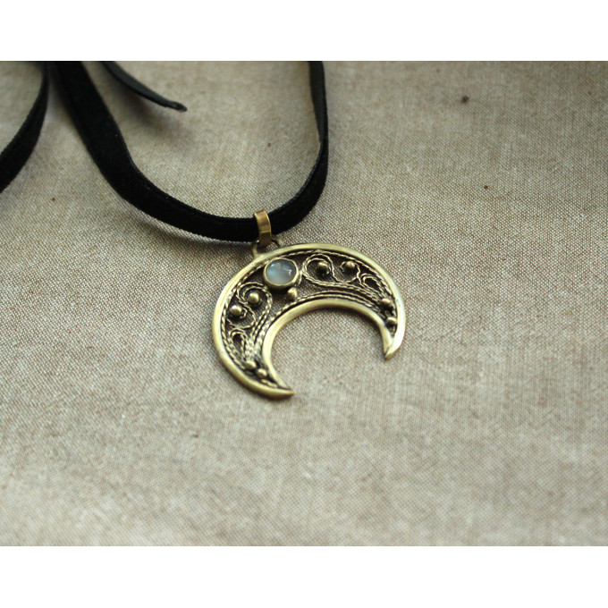 Lunar brass pendant with grey moonstone