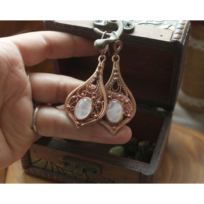 Copper filigree earrings with rose quartz