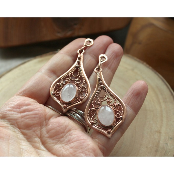 Copper filigree earrings with rose quartz