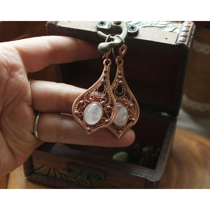 Copper filigree earrings with rose quartz