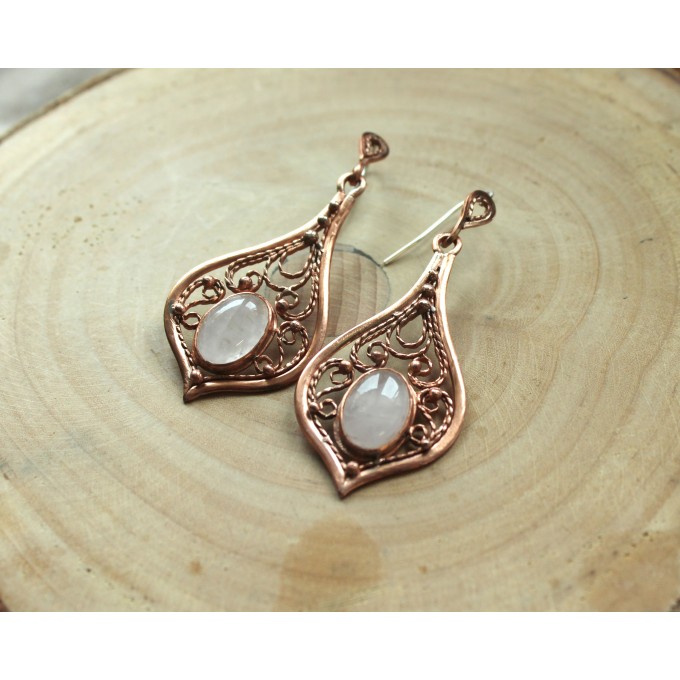Copper filigree earrings with rose quartz