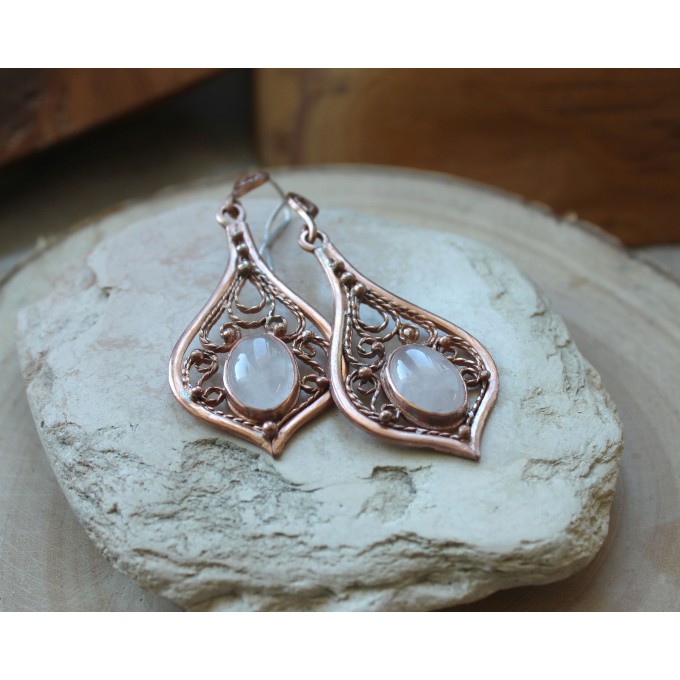 Copper filigree earrings with rose quartz