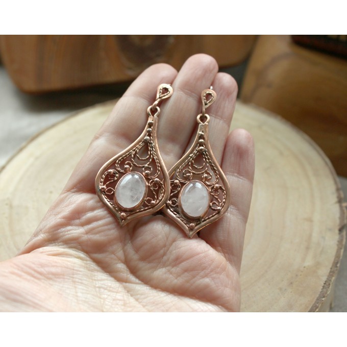 Copper filigree earrings with rose quartz