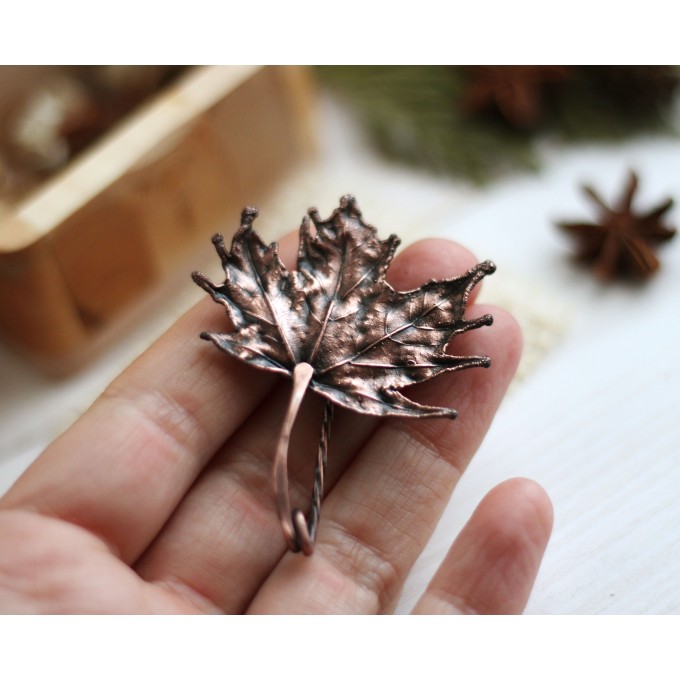 Copper maple leaf brooch
