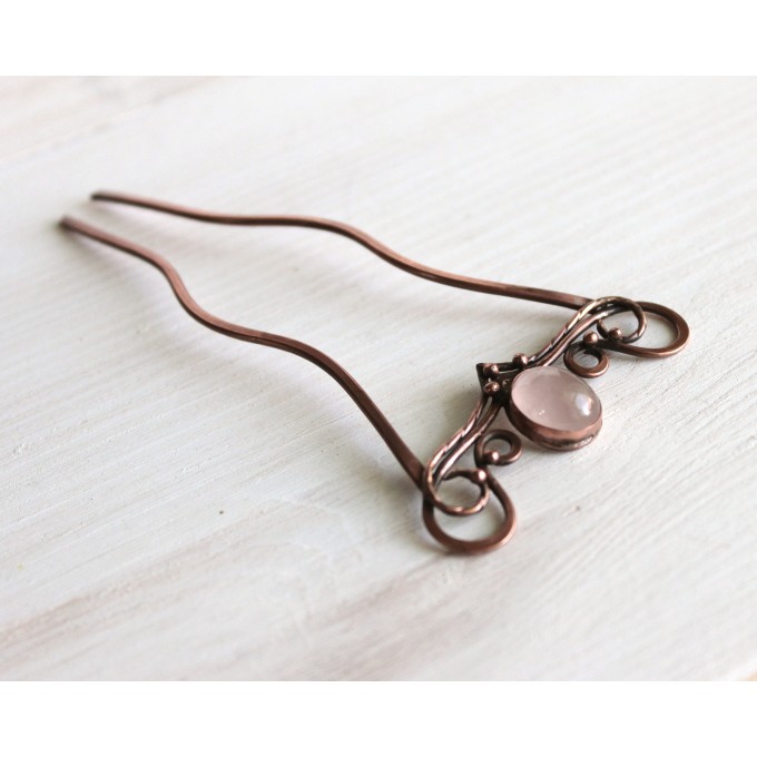 Copper rose quartz hair comb
