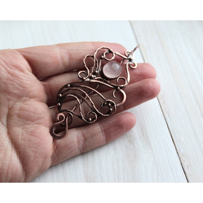 Copper rose quartz brooch