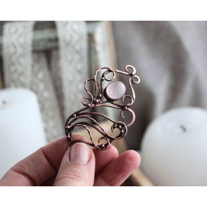 Copper rose quartz brooch