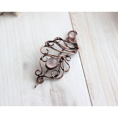 Copper rose quartz brooch