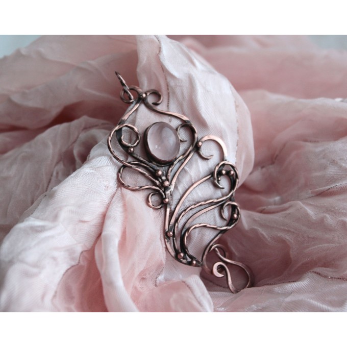 Copper rose quartz brooch