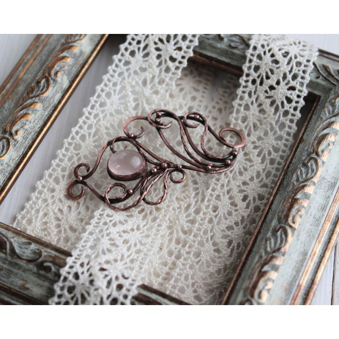 Copper rose quartz brooch