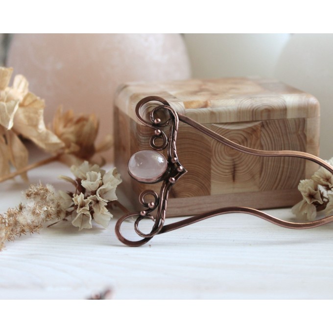 Copper rose quartz hair comb