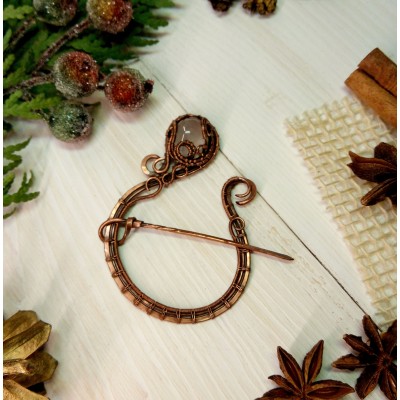 Copper wire wrap rose quartz brooch