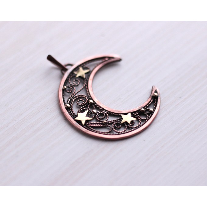 Copper filigree moon necklace