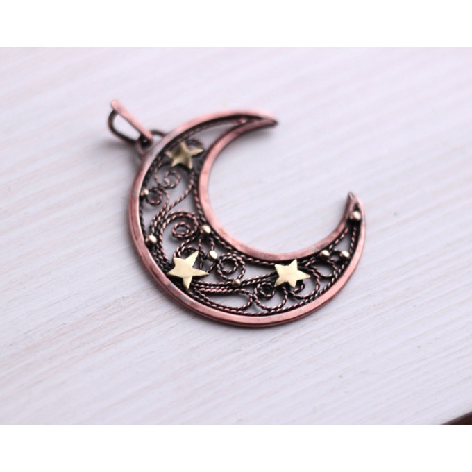 Copper filigree moon necklace